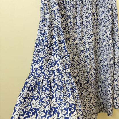 Blue & White Block Print Tiered Maxi Skirt