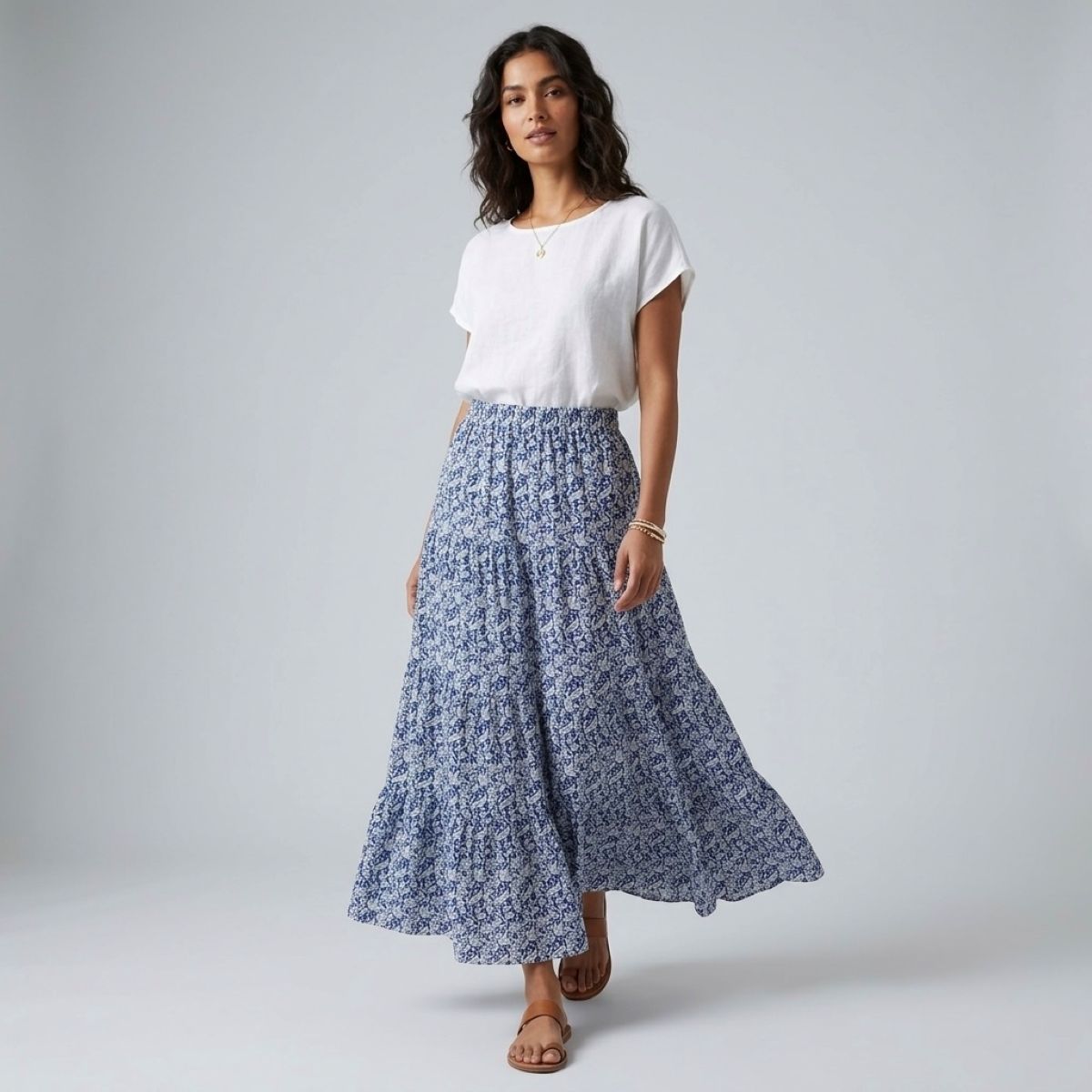 Blue & White Block Print Tiered Maxi Skirt