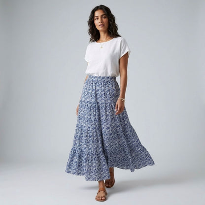 Blue & White Block Print Tiered Maxi Skirt