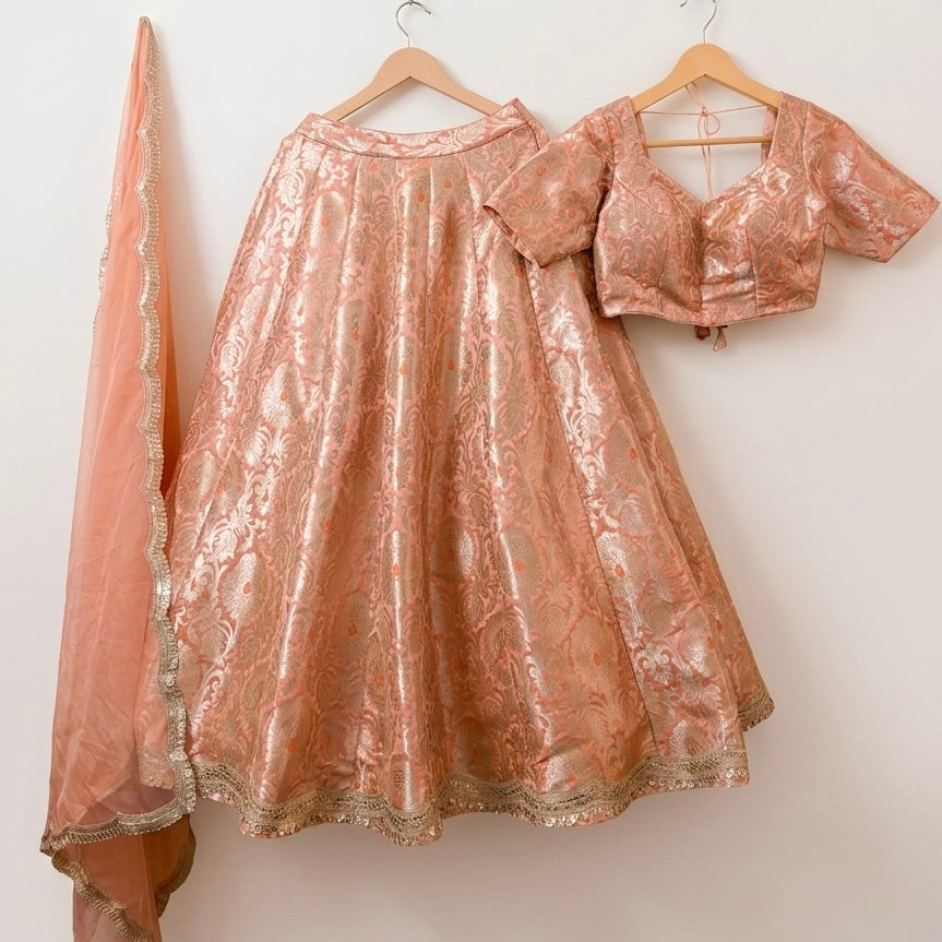 Peach Banarasi Brocade Lehenga Choli Set with Dupatta - Full View