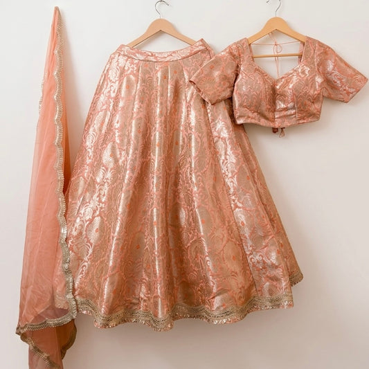 Peach Banarasi Brocade Lehenga Choli Set with Dupatta - Full View