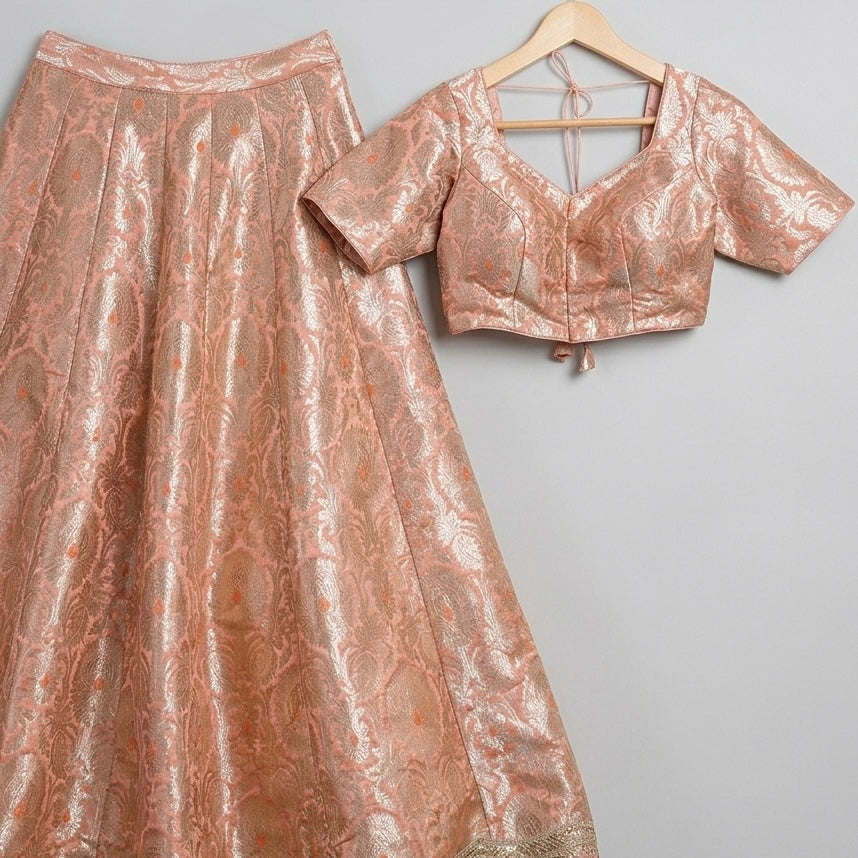 Peach Banarasi Brocade Lehenga Choli Set - Front Detail