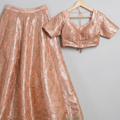 Peach Banarasi Brocade Lehenga Choli Set - Front Detail