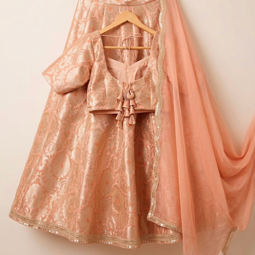 Peach Banarasi Brocade Lehenga Choli Set - Back View with Dupatta