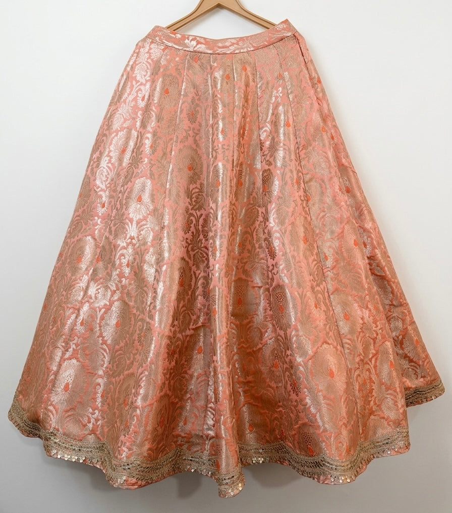 Peach Banarasi Brocade Lehenga Skirt - Full Flare View