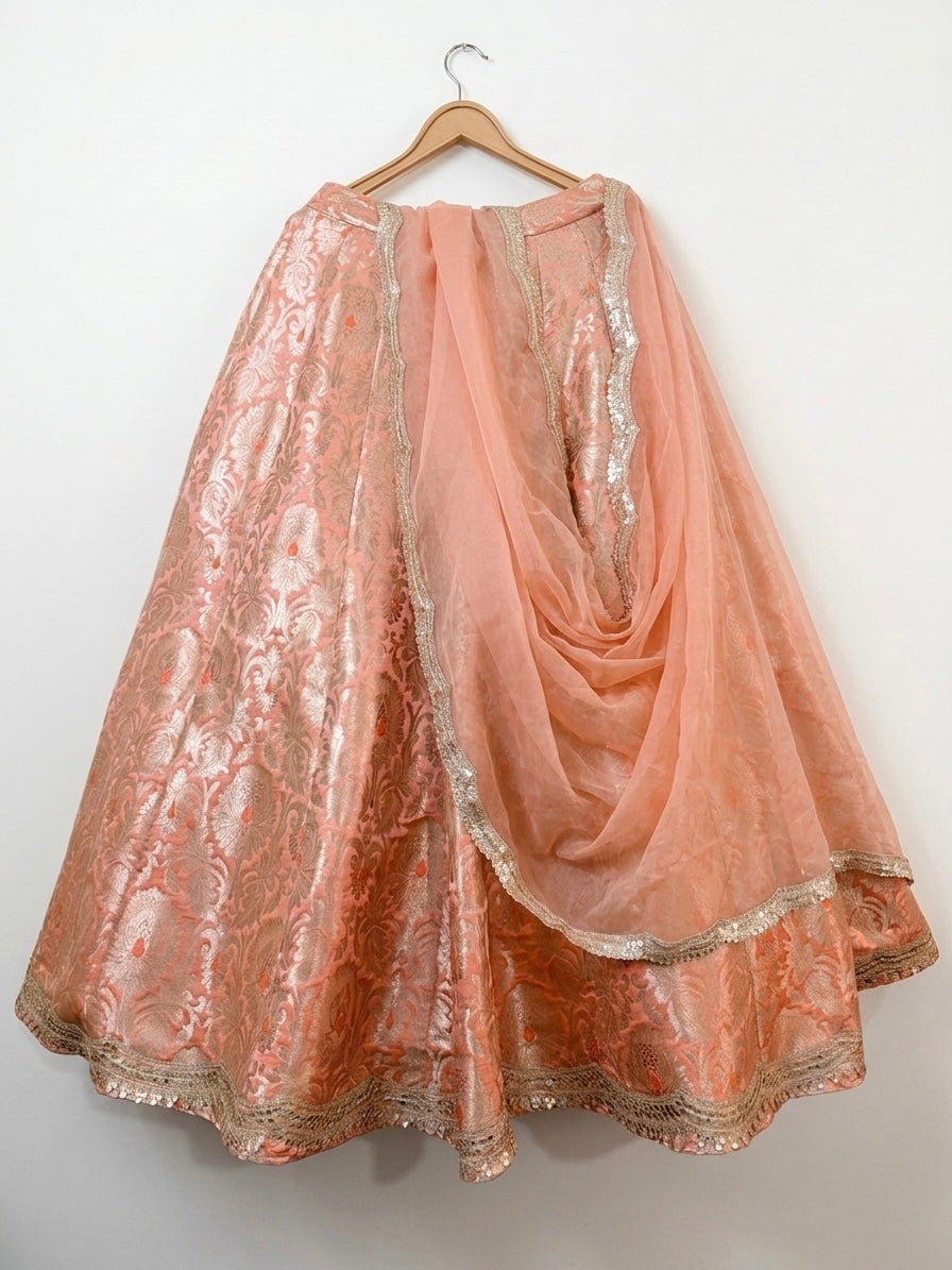 Peach Banarasi Brocade Lehenga Skirt with Organza Dupatta