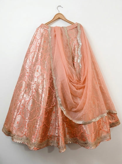 Peach Banarasi Brocade Lehenga Skirt with Organza Dupatta