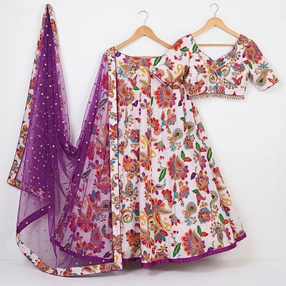 White Multicolour Paisley Floral Lehenga Choli Set with Dupatta