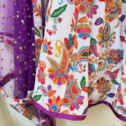 White Multicolour Paisley Floral Lehenga Choli Set with Dupatta