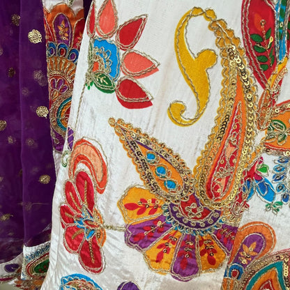 White Multicolour Paisley Floral Lehenga Choli Set with Dupatta