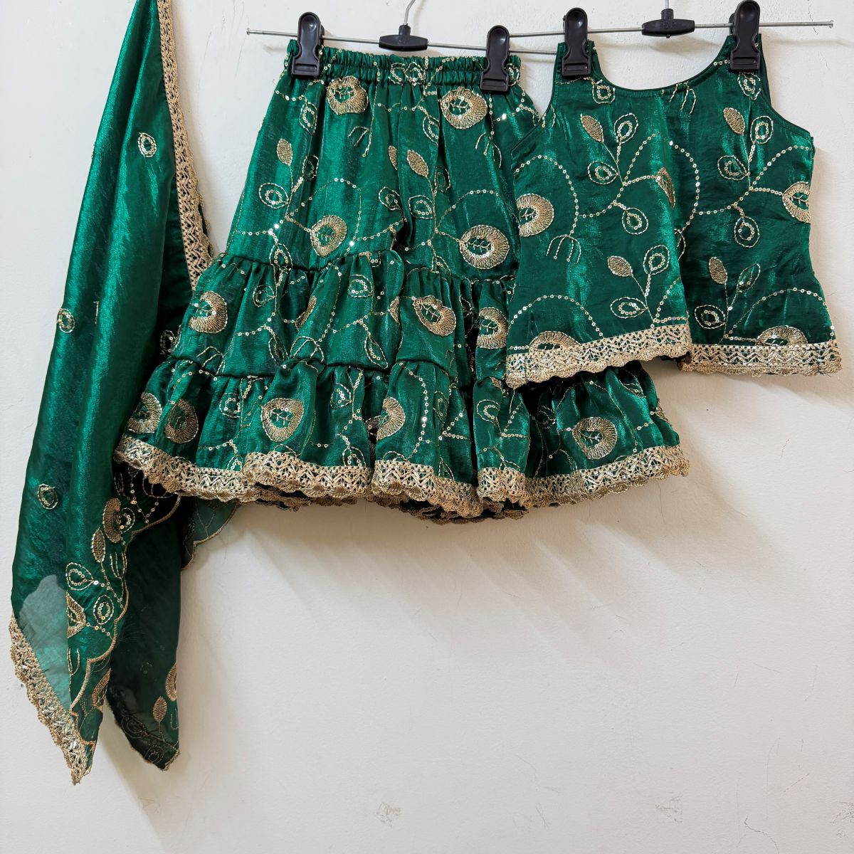 Girl Kids Green Embroidered Sharara Suit Set