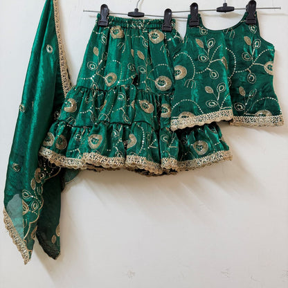 Girl Kids Green Embroidered Sharara Suit Set