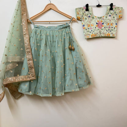 Girl Kids Mint Green Embroidered Lehenga Choli Set