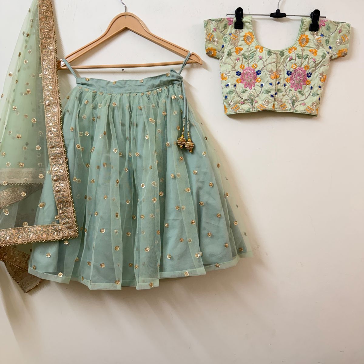 Girl Kids Mint Green Embroidered Lehenga Choli Set