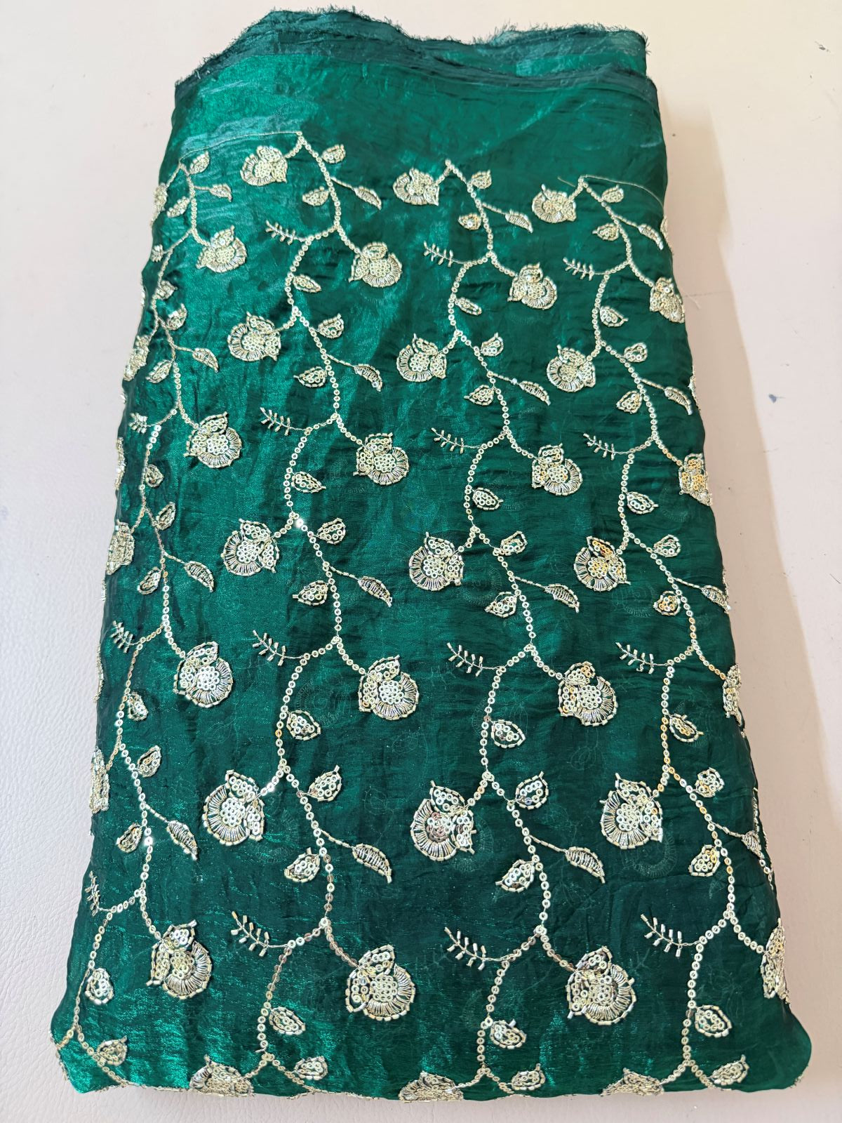 Teal green Shimmer Georgette lehenga skirt fabric with metallic floral-vine work