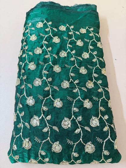 Teal green Shimmer Georgette lehenga skirt fabric with metallic floral-vine work
