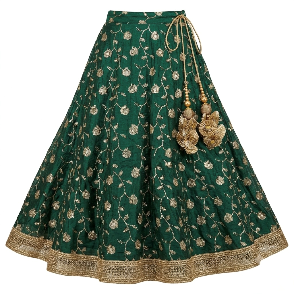 Teal green Shimmer Georgette lehenga skirt with ornate embellished gold border and latkan tie