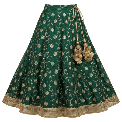 Teal green Shimmer Georgette lehenga skirt with ornate embellished gold border and latkan tie