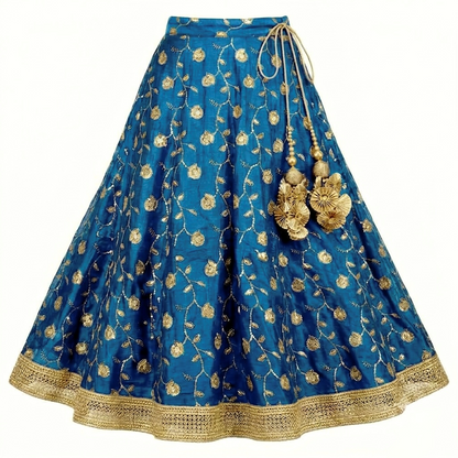 Royal blue lehenga skirt full view with ornate gold hem border