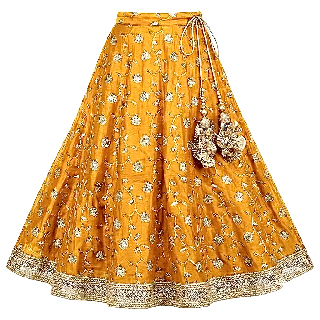 Mustard-gold floral lehenga skirt showing its flared silhouette, decorative waist tassels, and wide embellished border