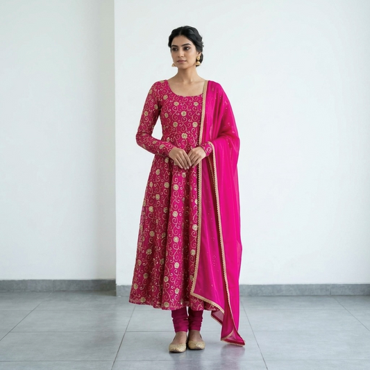 Model wearing a pink Anarkali salwar kameez suit with matching dupatta
