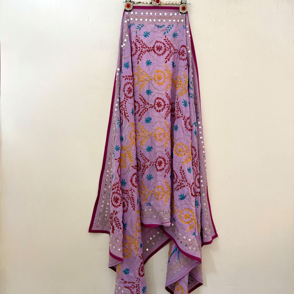 Beige Phulkari dupatta with black floral hand-woven thread work