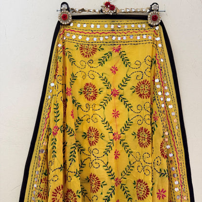 Close-up of grey Phulkari dupatta with pink floral thread work