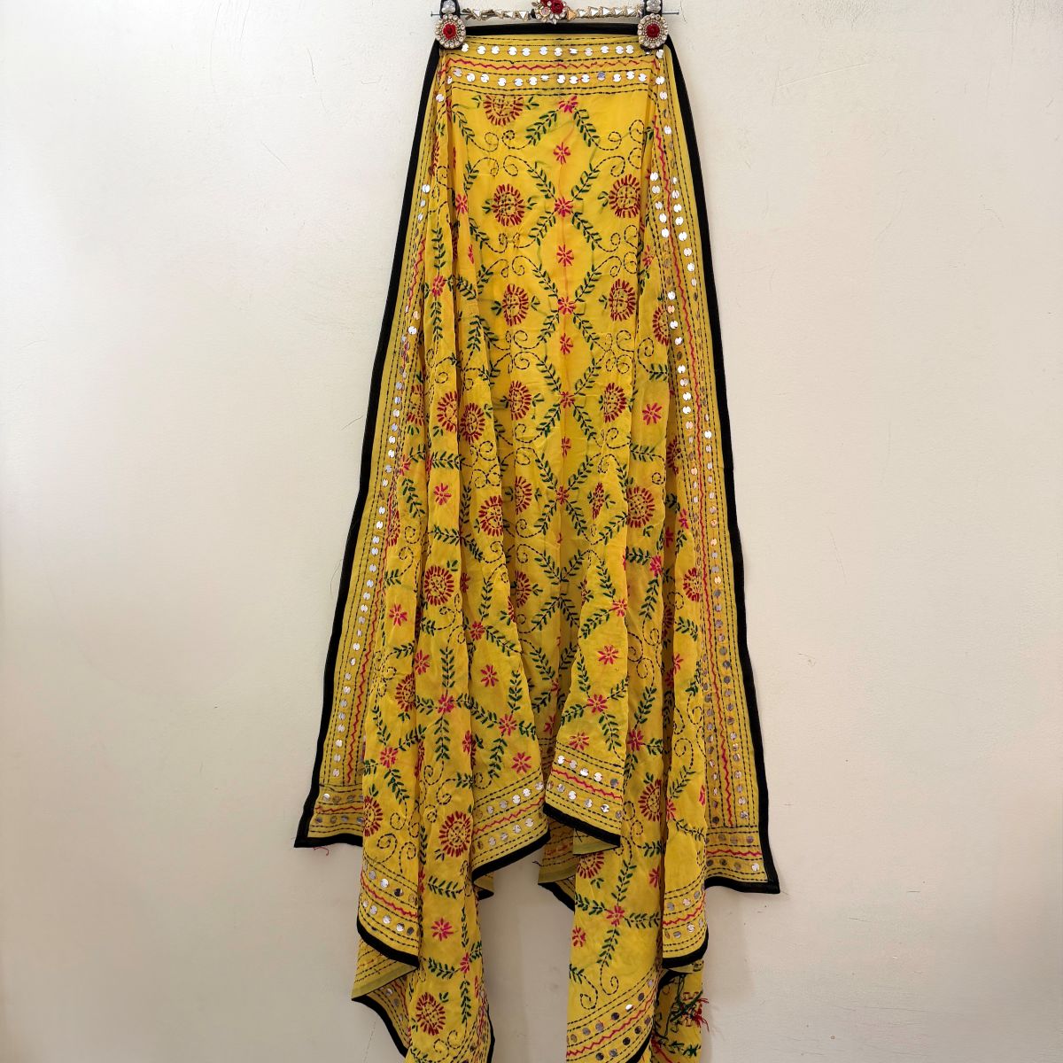 Yellow Phulkari dupatta with multicolour hand-woven thread work and dark border