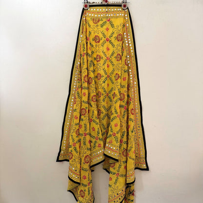 Yellow Phulkari dupatta with multicolour hand-woven thread work and dark border