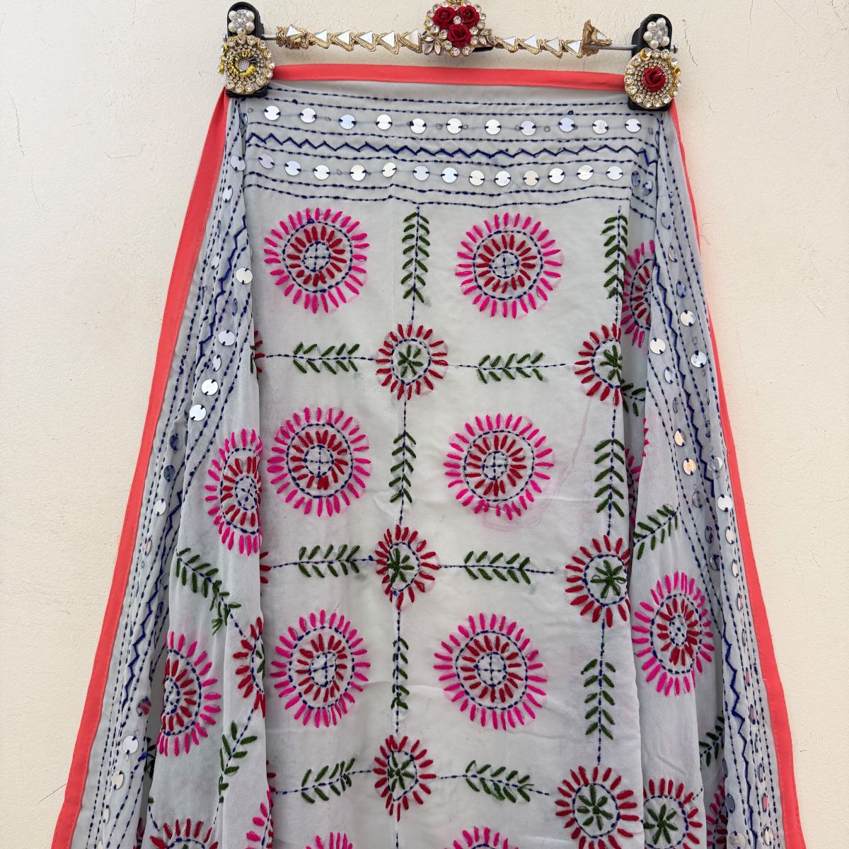 White Phulkari dupatta with blue, green and pink hand-woven thread motifs