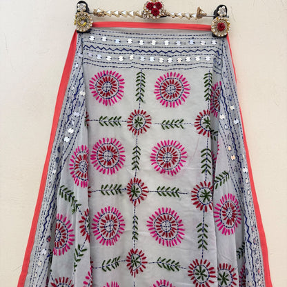 White Phulkari dupatta with blue, green and pink hand-woven thread motifs