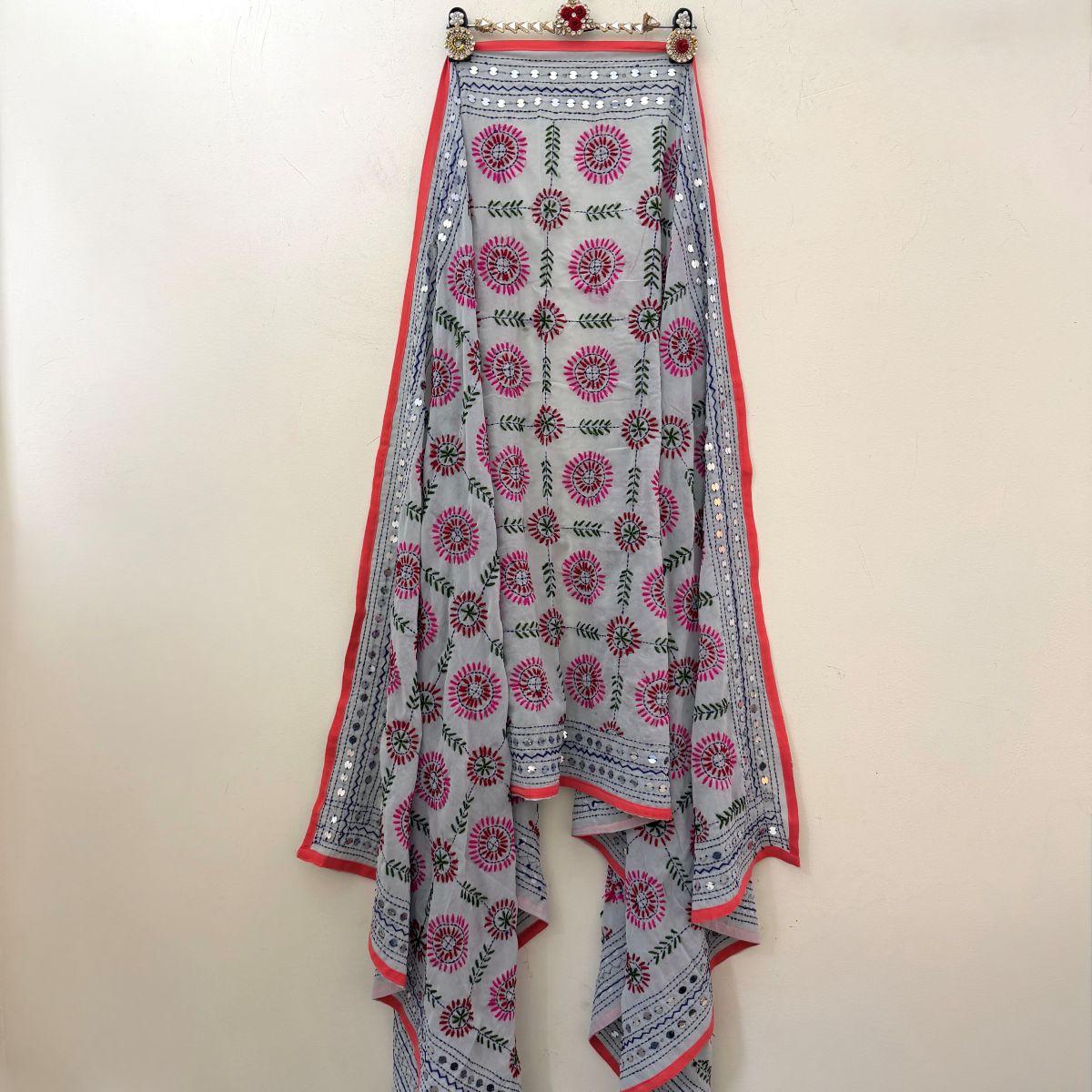 White Phulkari dupatta with colourful floral hand-woven thread embroidery