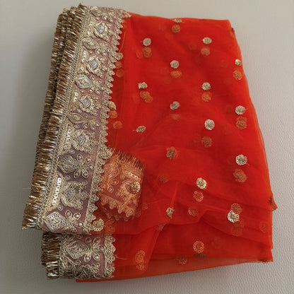 Orange embellished dupatta with scattered gold motifs and ornate gold border