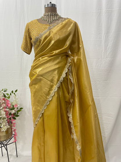 Bridesmaid Saree Blouse Soft Golden Tissue Silk