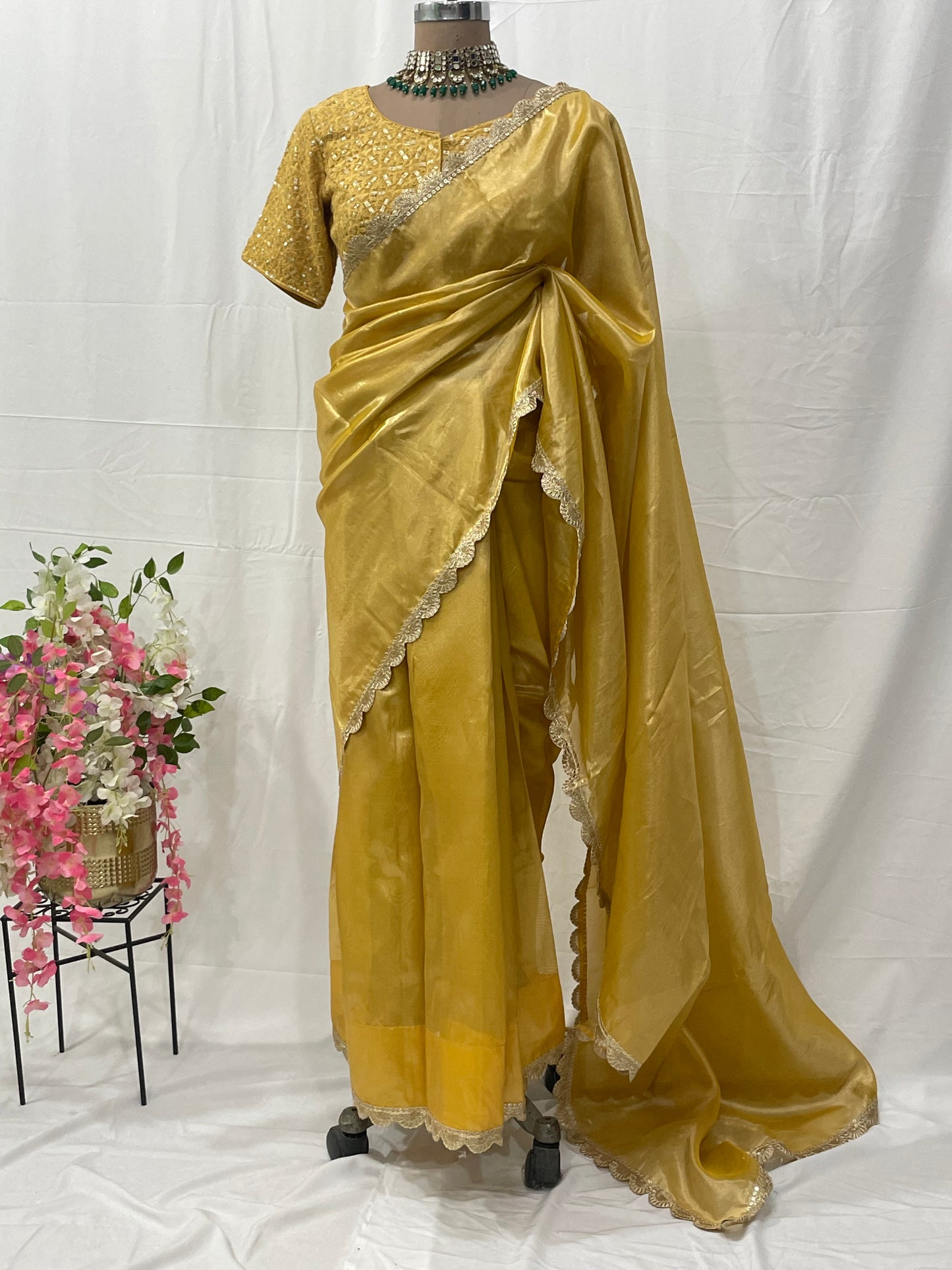 Bridesmaid Saree Blouse Soft Golden Tissue Silk