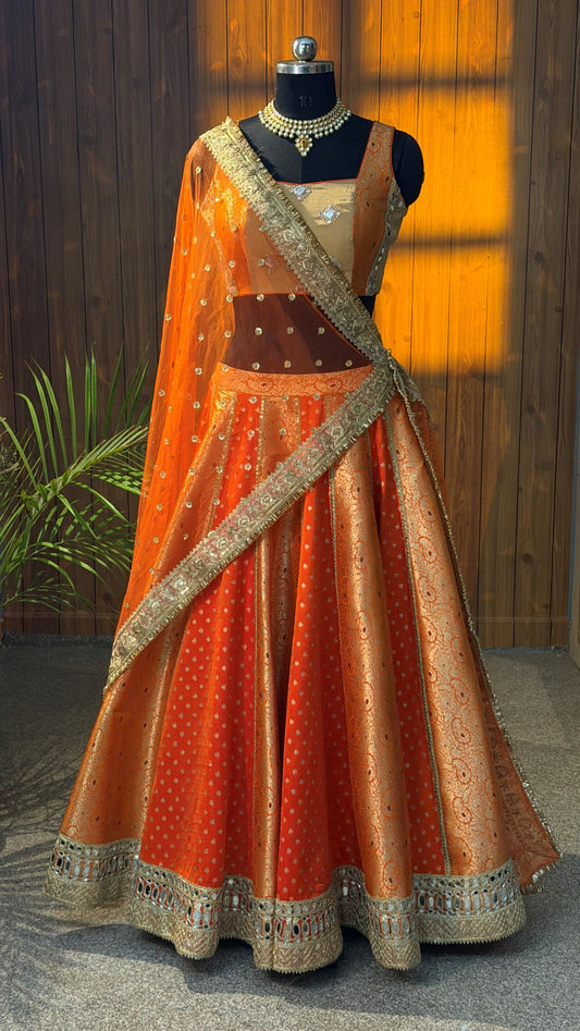 Orange & Gold Mirror-Work Brocade Lehenga Set