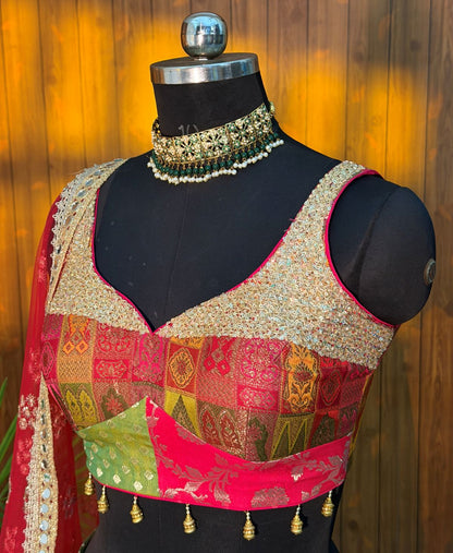 Back of tie-up blouse with colourful tassels and embellished pink dupatta