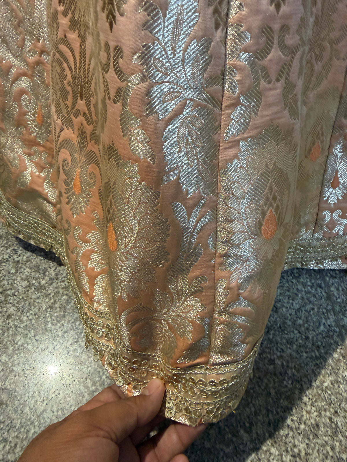 Peach & Gold Brocade Lehenga Set with Sheer Embroidered Dupatta