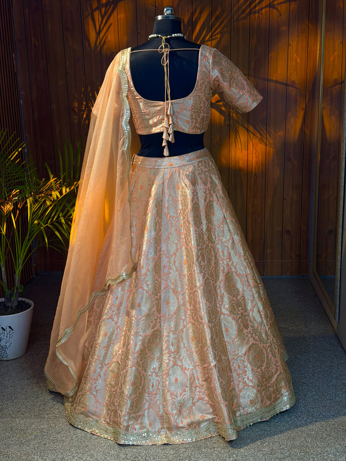 Peach & Gold Brocade Lehenga Set with Sheer Embroidered Dupatta