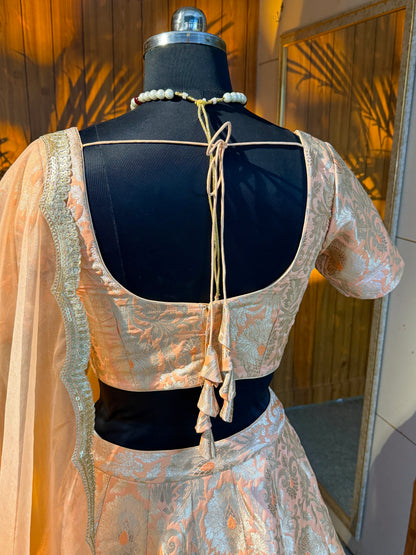 Peach & Gold Brocade Lehenga Set with Sheer Embroidered Dupatta