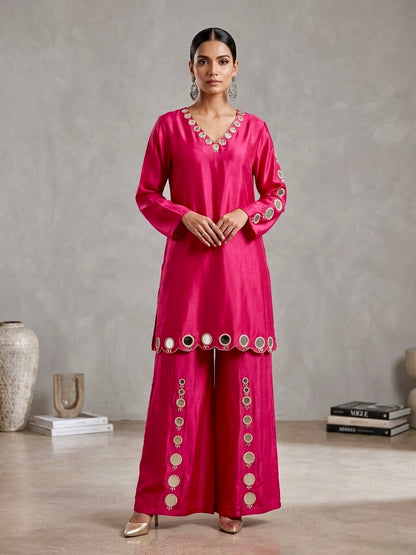 Hot Pink Mirror Work Kurta Palazzo Set | Silk Blend Ethnic Wear | Sizes 40–46