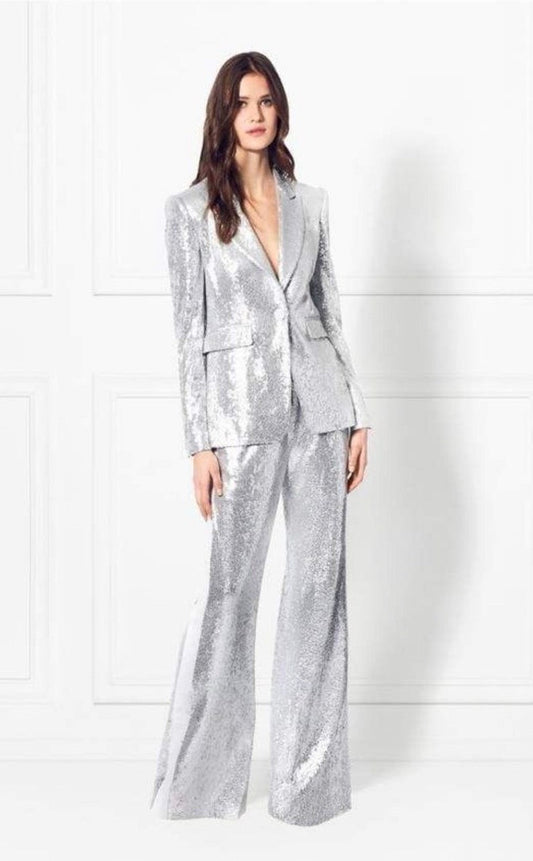 Silver Sequins Coat Pant Suit Women's Tailored Sparkle Blazer and Trousers Set