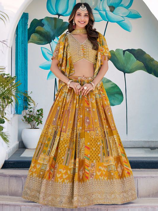 Mustard Yellow Chinon Silk Printed Lehenga Set Custom Stitched