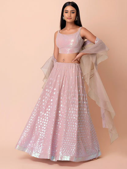 Blush Pink Sequin Lehenga Set with Ruffle Dupatta
