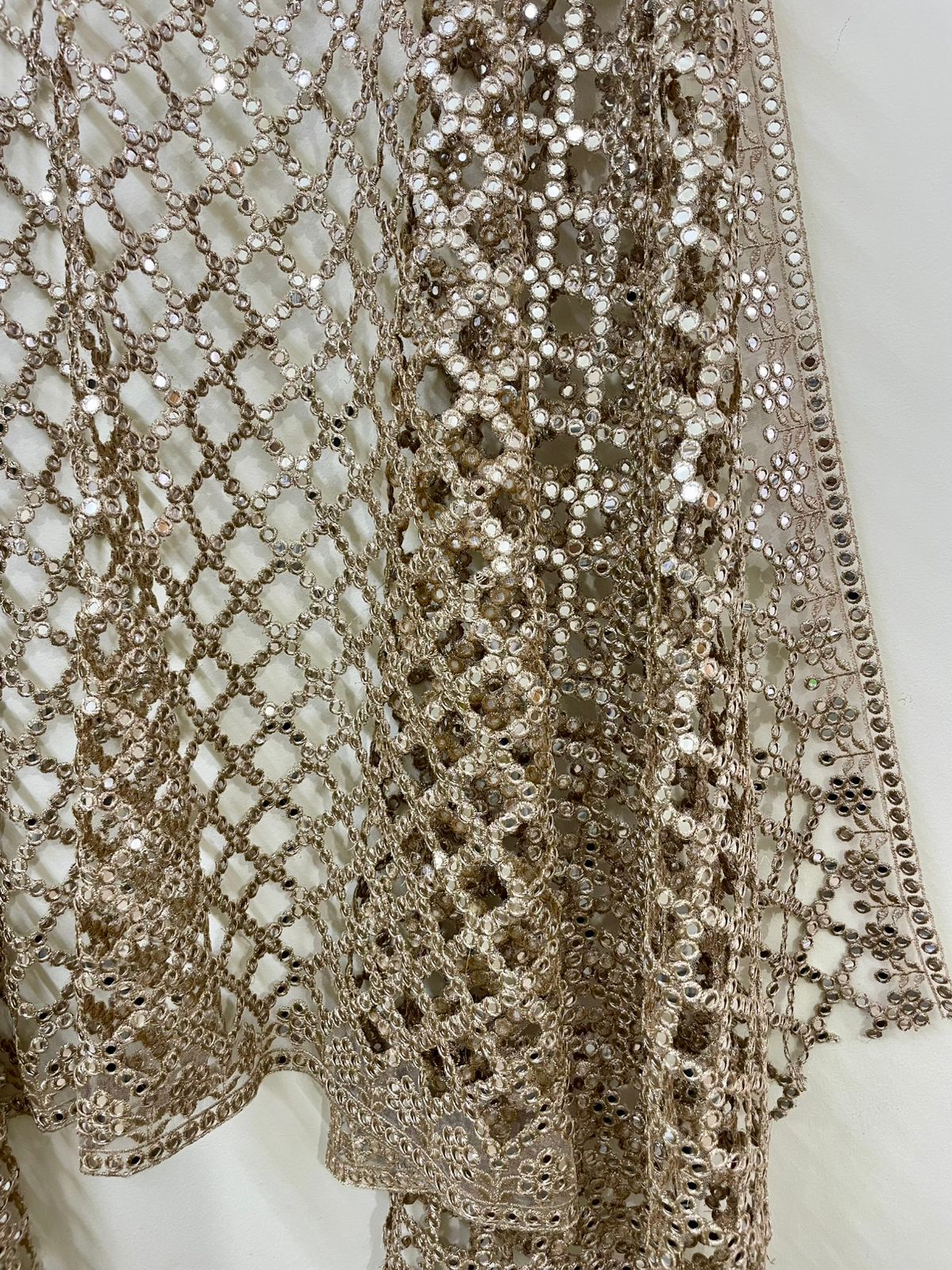 Posheeda Designer Net Dupatta – Golden Mirror & Sequin Work