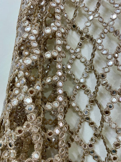 Posheeda Designer Net Dupatta – Golden Mirror & Sequin Work