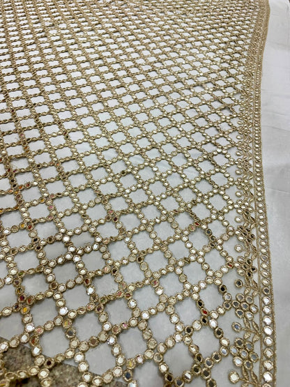Posheeda Designer Net Dupatta – Golden Mirror & Sequin Work