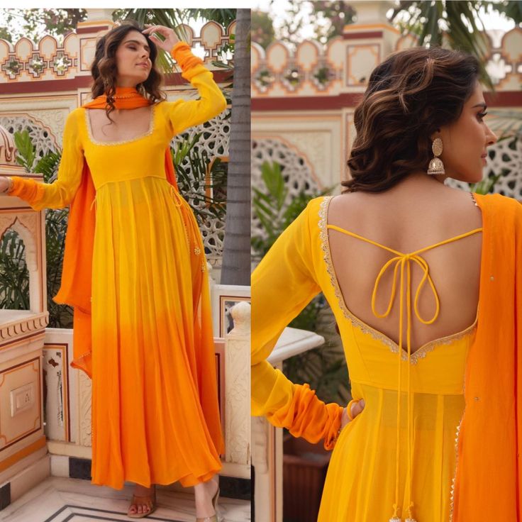 Yellow Orange Ombre Anarkali Salwar Kameez | Traditional Indian Designer Custom Stitched Outfit