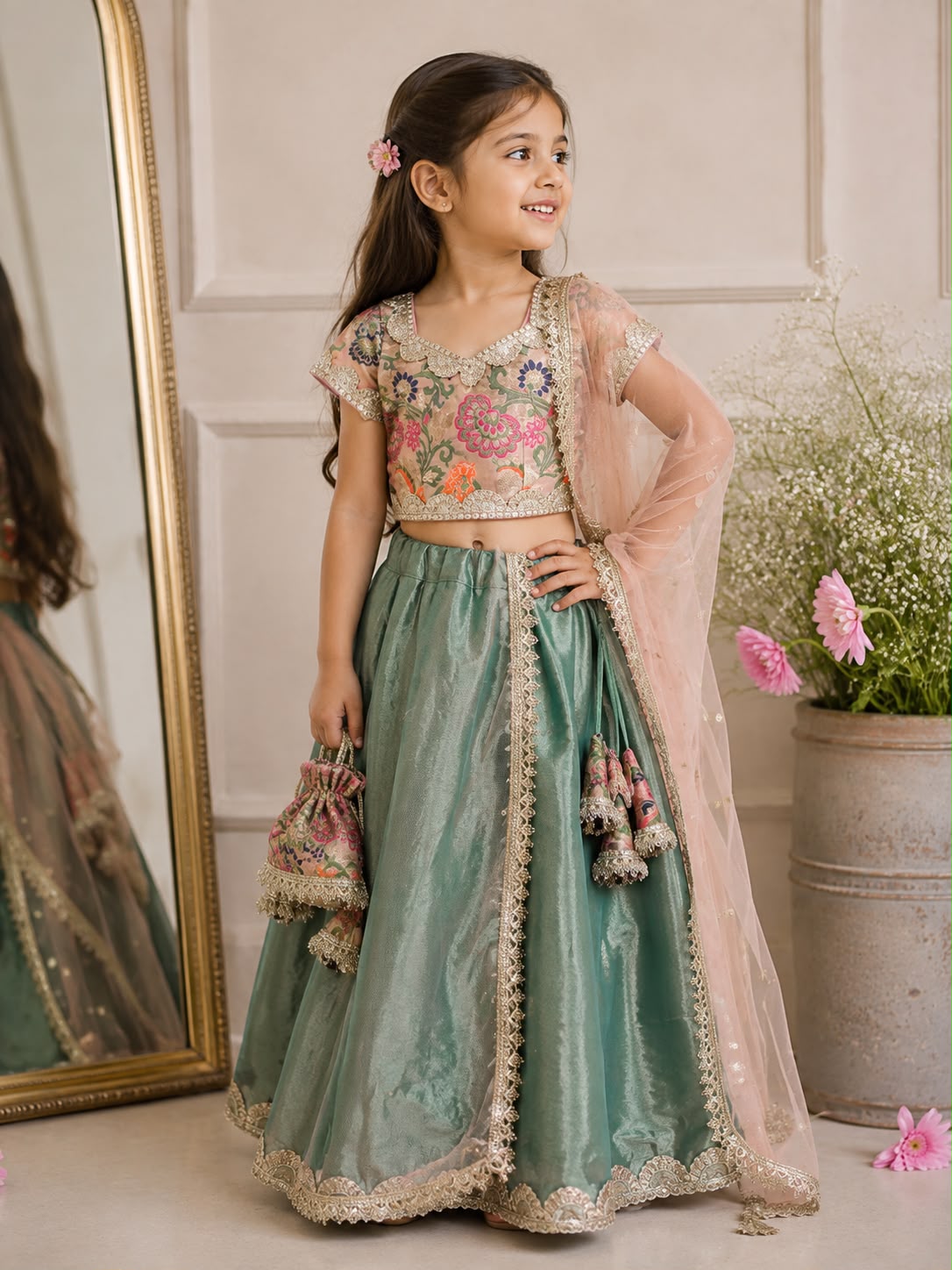 Sage Garden Lehenga With Floral Embroidered Choli & Dupatta