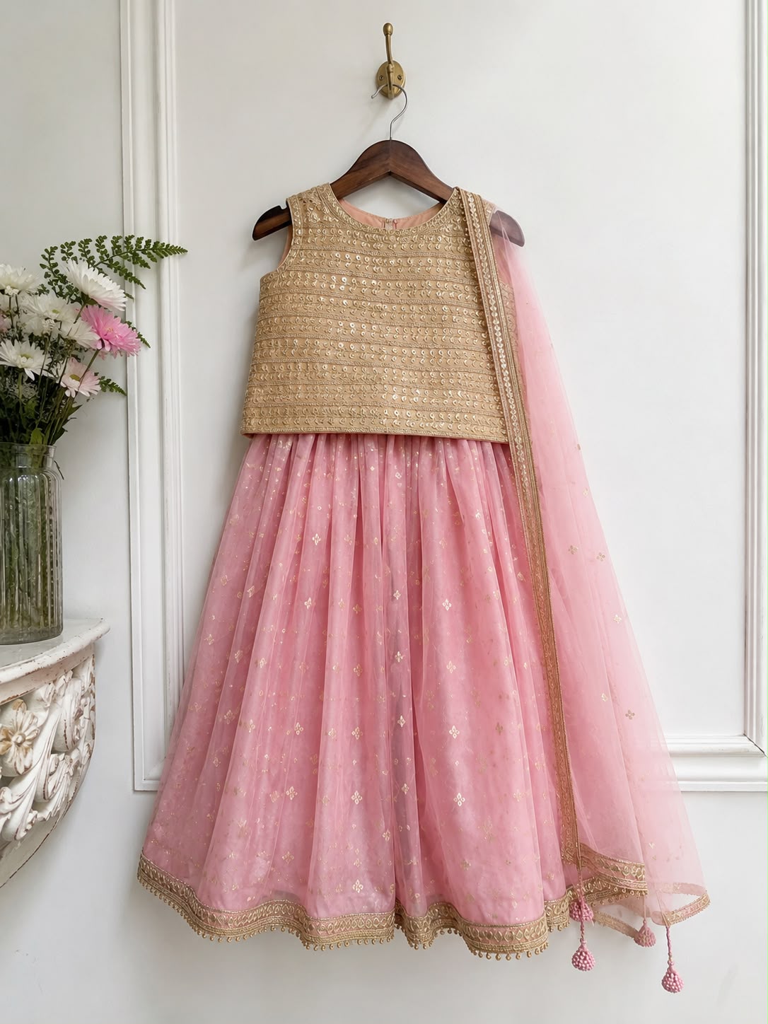 Pink Gold Embroidered Kids Lehenga Set